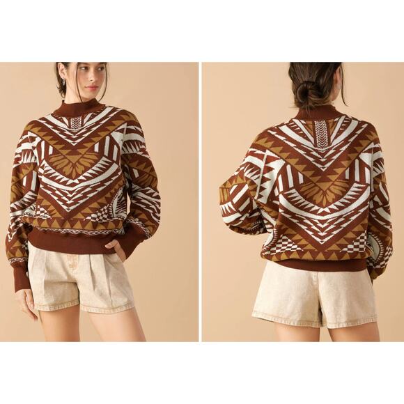 NWT Flying Tomato Geometric Honestly Love Brown Aztec Crew Neck Pullover Sweater - Picture 1 of 8